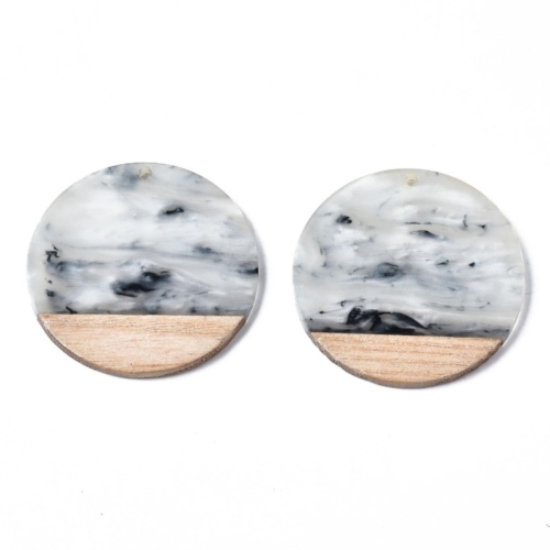 Letali Pendentif: résine et bois - circle - gris faux-marbre - 38.5*3.5mm