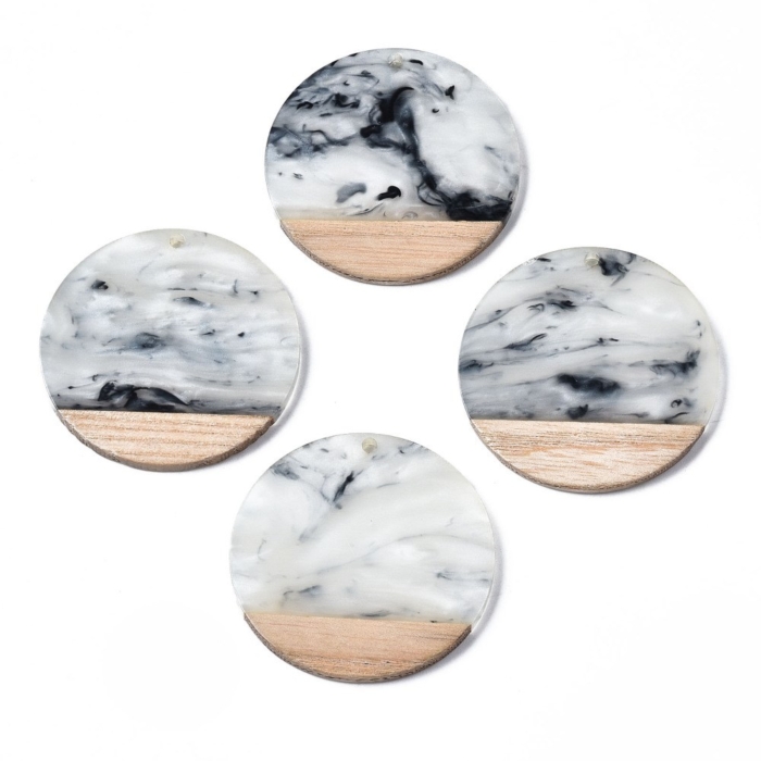 Letali Pendentif: résine et bois - circle - gris faux-marbre - 38.5*3.5mm